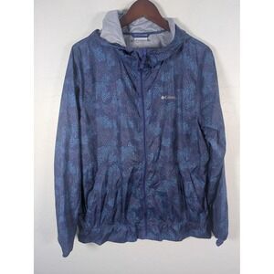 Columbia Jacket Womens Large Blue Spotted Hooded Full Zip Windbreaker